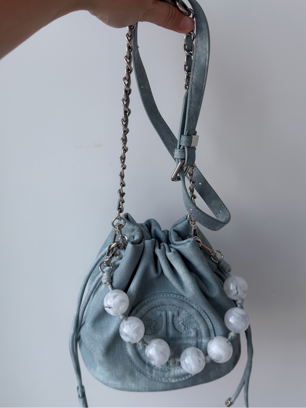 Light Blue Mini Drawstring Bucket Bag with Pearl-Style Handle - Picture 7 of 10